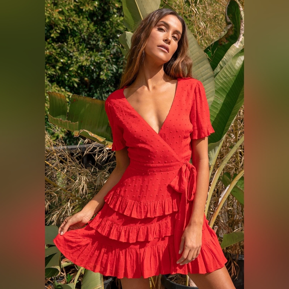 Call Me Cute Red Swiss Dot Tiered Faux Wrap Mini Dress